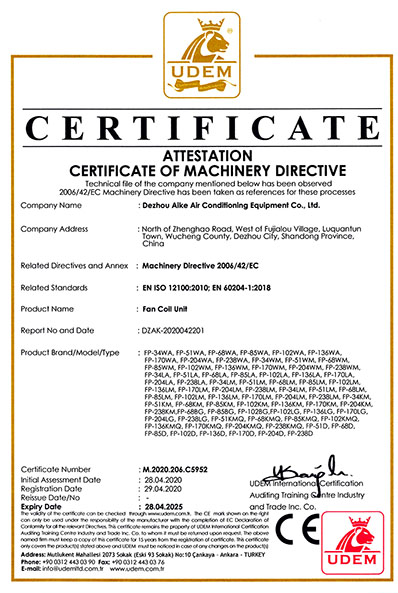CE Machinery Directive - Fan Coil Unit